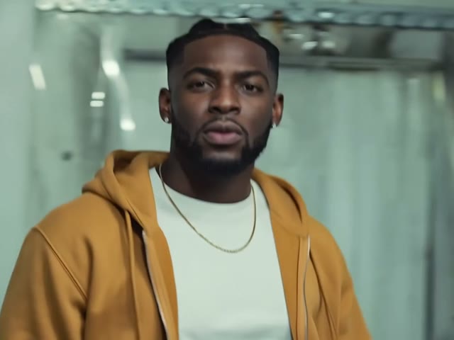 An adult wearing a mustard hoodie over a white shirt in a pale industrial-looking room with reflective surfaces.