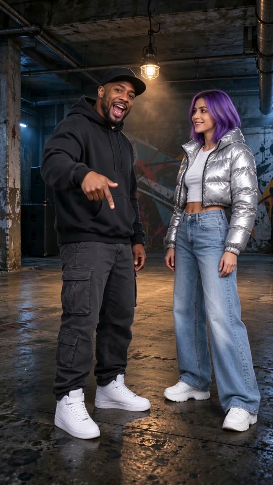 Two adults in a black hoodie and silver jacket on a reflective basement floor, with graffiti, exposed pipes and a hanging bulb.